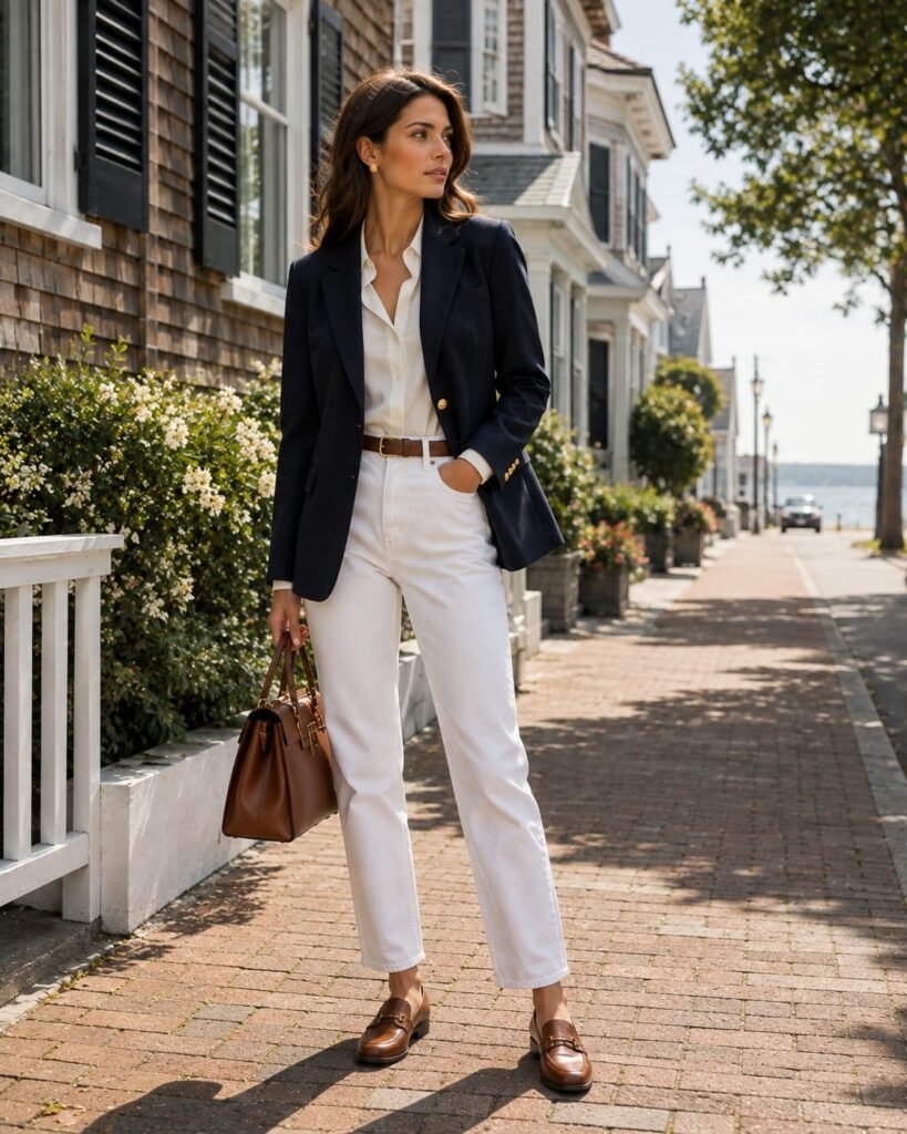 Old money style women wearing navy blazer and white jeans