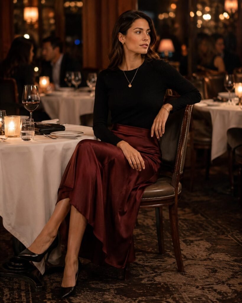Old money date night outfit with black knit top and burgundy skirt