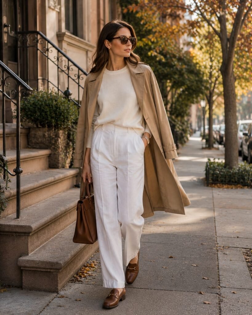 Old money style women wearing cream knit sweater and camel trench coat