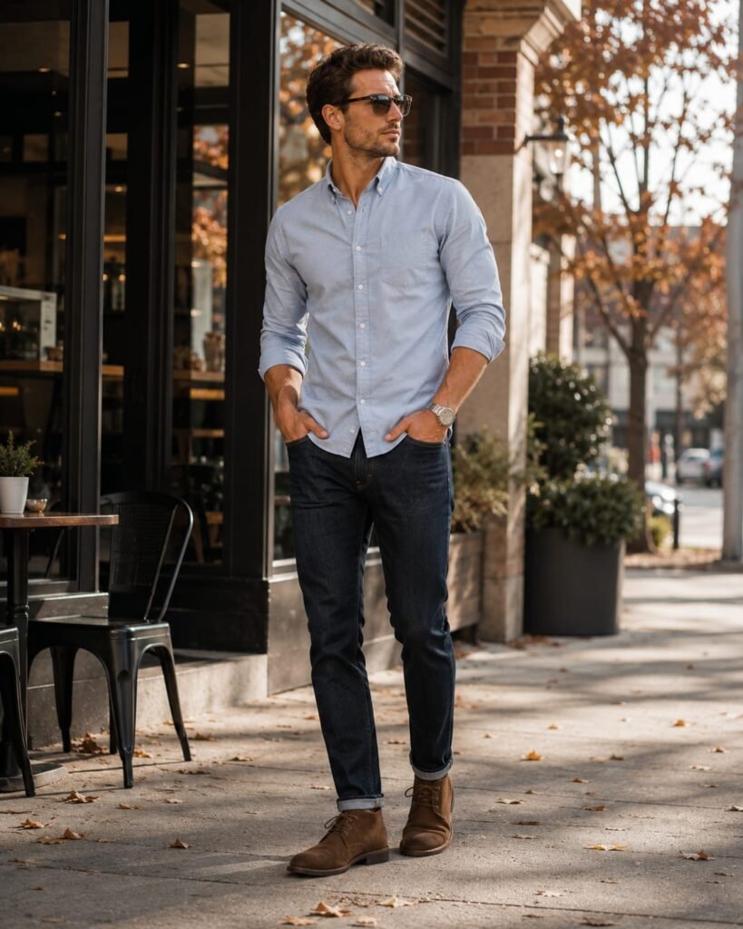 Men's fall outfit with Oxford shirt and chukka boots