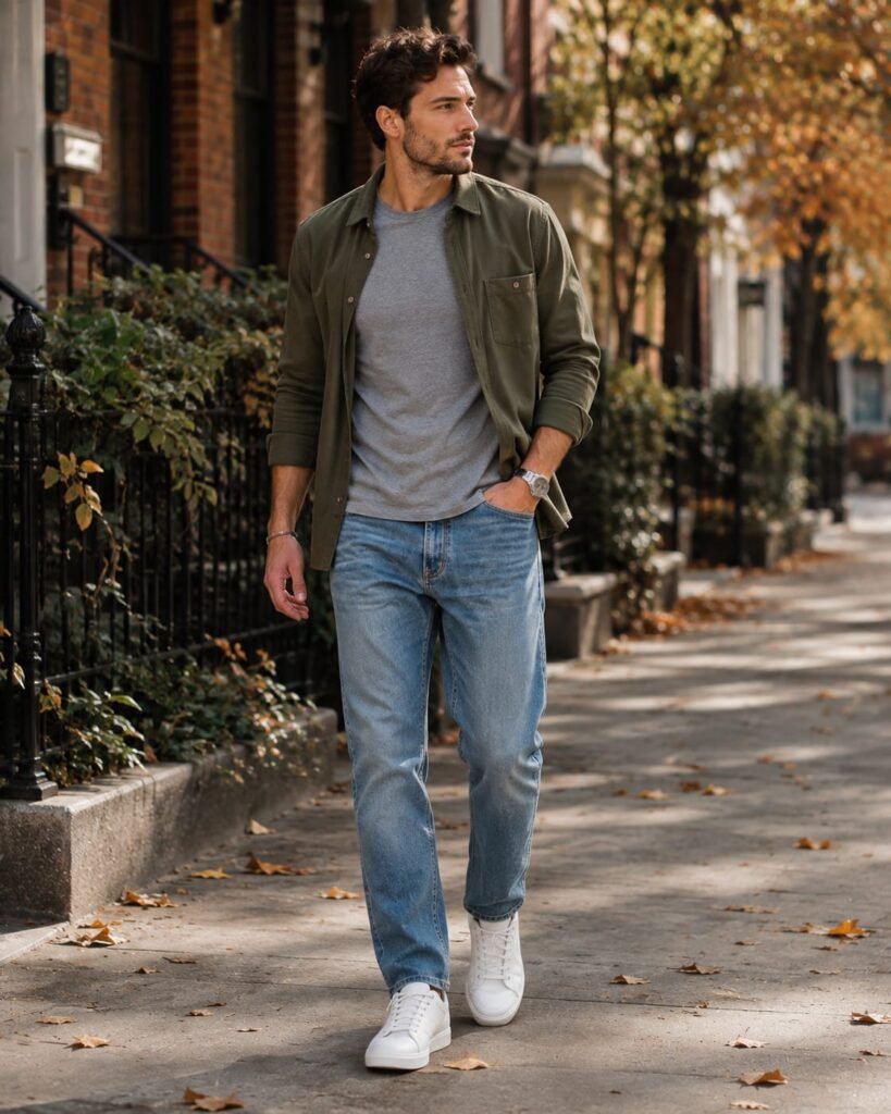 Casual men's fall outfit with olive overshirt and jeans