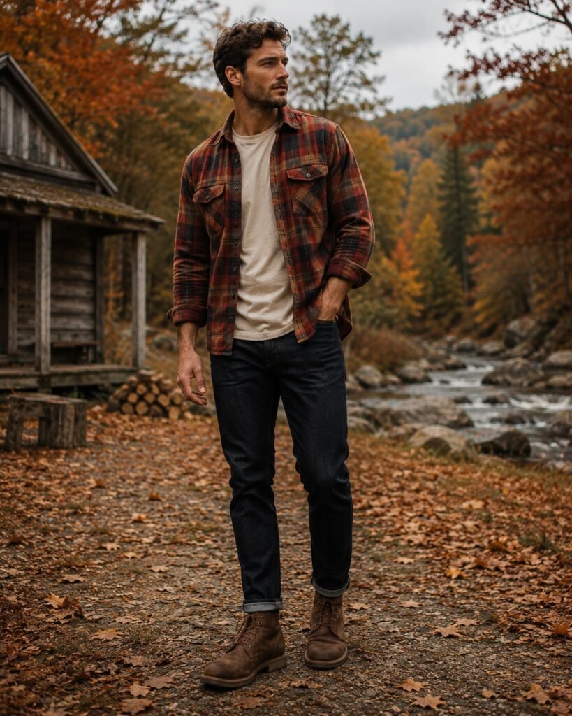 Men's fall outfit with plaid flannel and boots