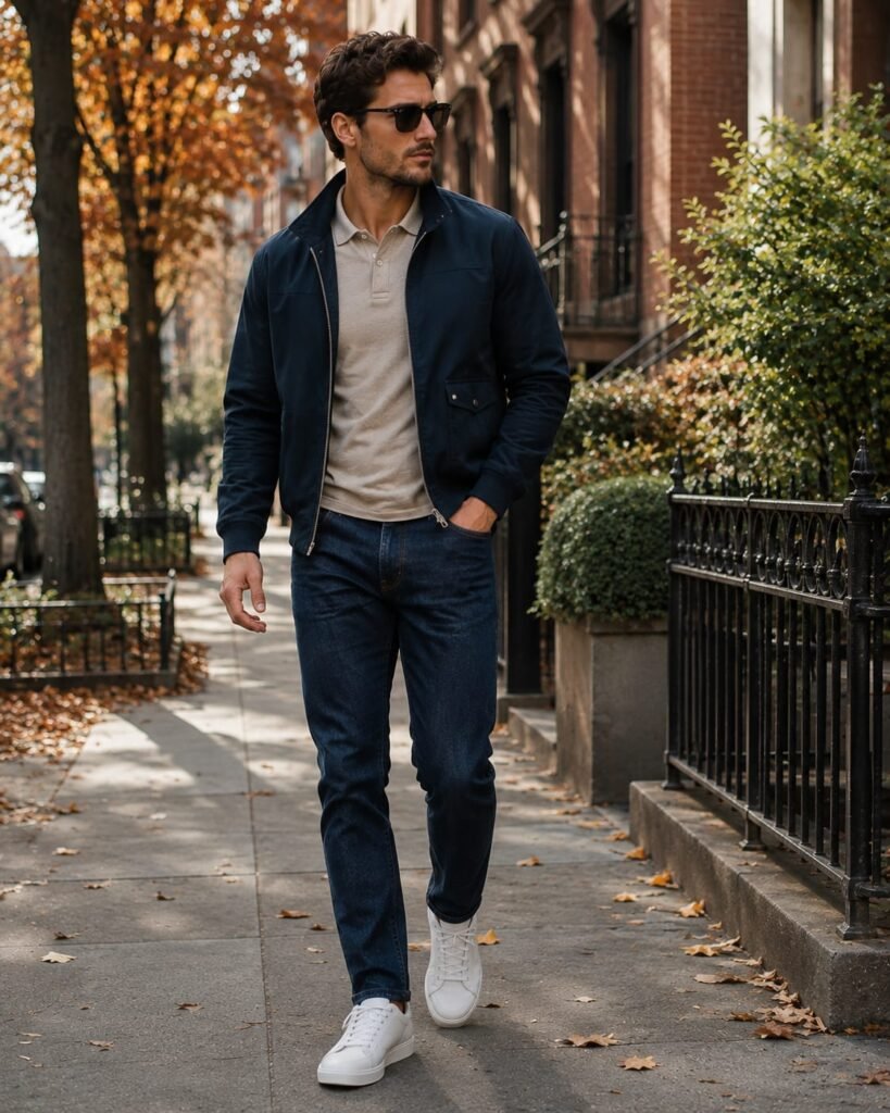 Men's fall outfit with navy Harrington jacket and jeans