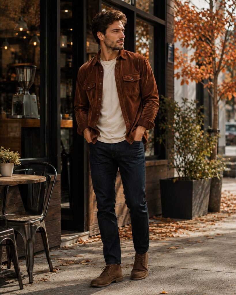Men's fall outfit with corduroy overshirt and chukka boots