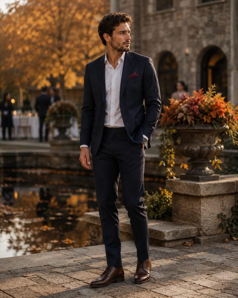 Fall wedding guest outfit for men in navy suit