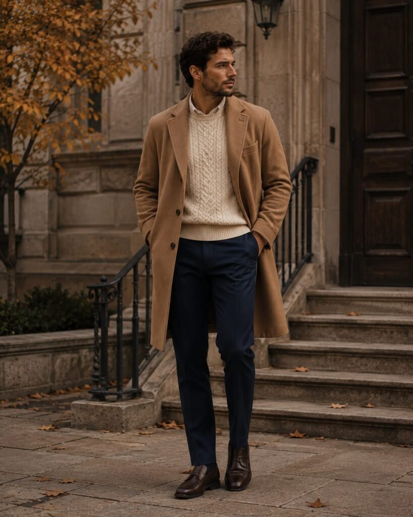 Old money fall outfit for men with camel coat