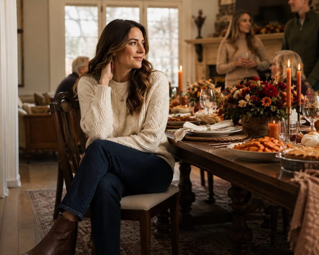 Casual Thanksgiving dinner outfit with cream sweater and dark jeans