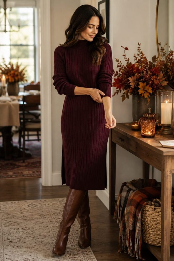 Thanksgiving outfit with burgundy sweater dress and knee-high boots