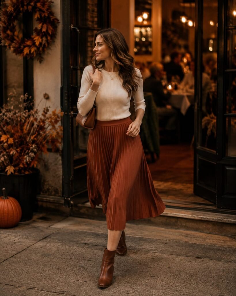 Thanksgiving dinner outfit with rust midi skirt and cream sweater
