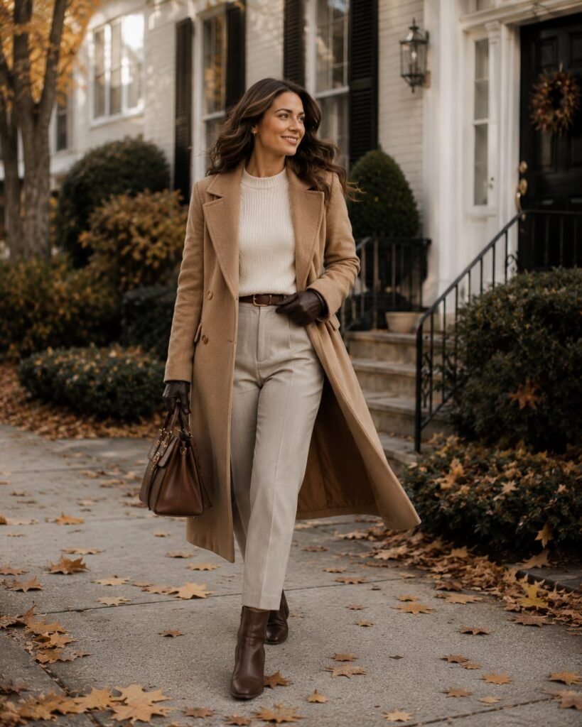 Cold weather Thanksgiving outfit with camel coat and cream sweater