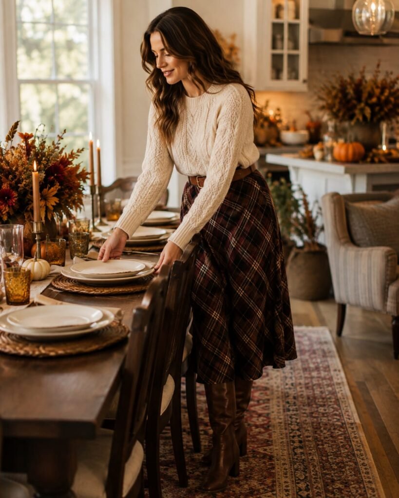 Thanksgiving outfit with plaid midi skirt and cream cable-knit sweater