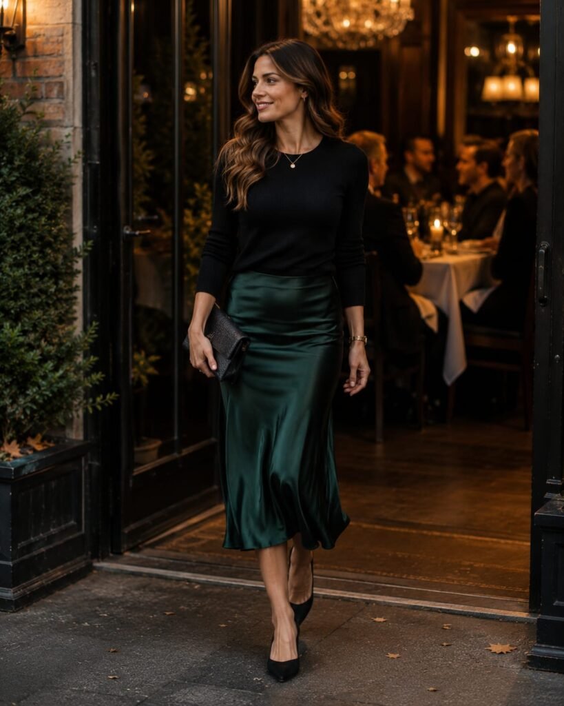 Dressy Thanksgiving dinner outfit with green satin midi skirt and black top
