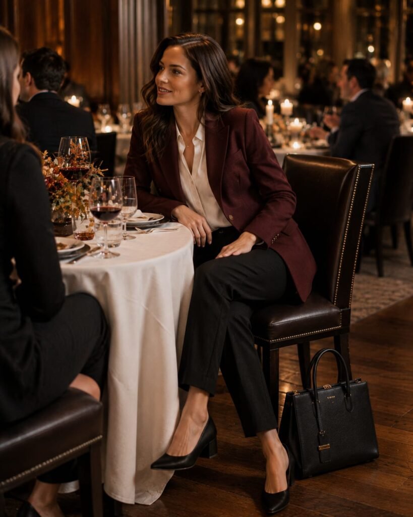Dressy Thanksgiving restaurant outfit with burgundy blazer and black trousers