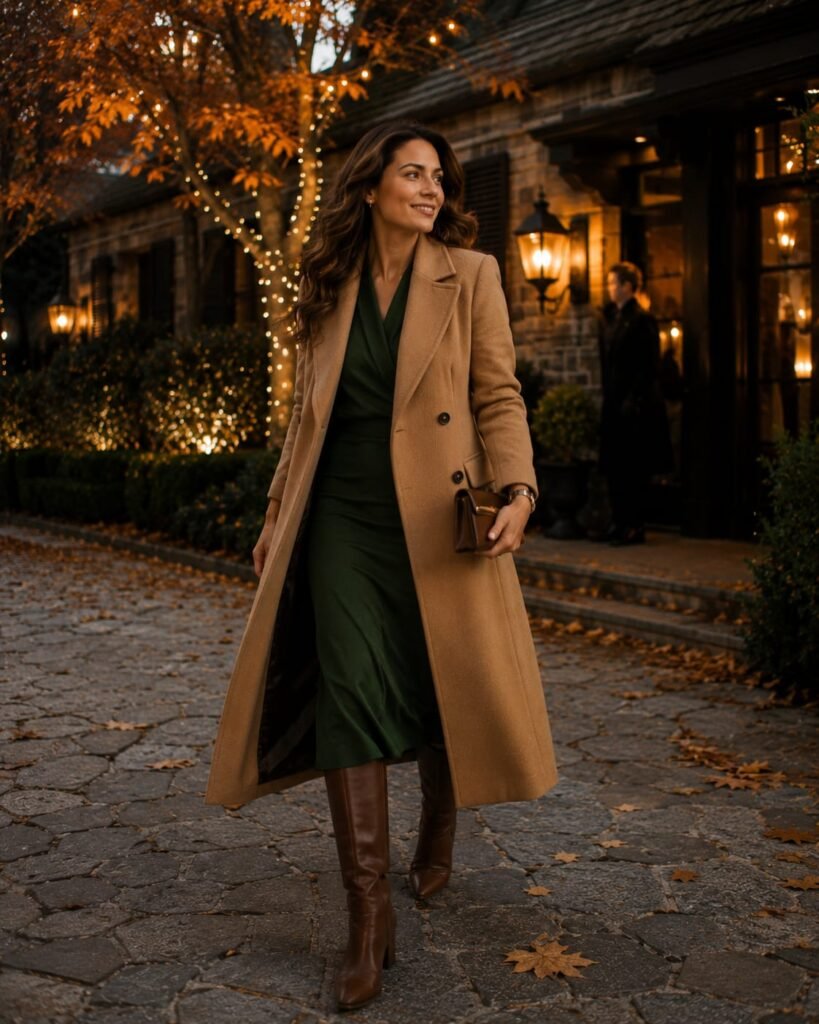 Elegant Thanksgiving outfit with forest green midi dress and camel coat