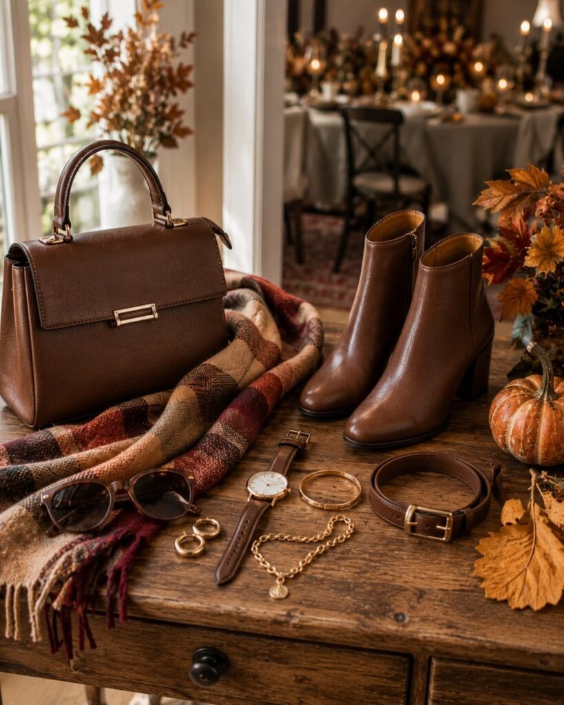 Elegant Thanksgiving outfit with forest green midi dress and camel coat