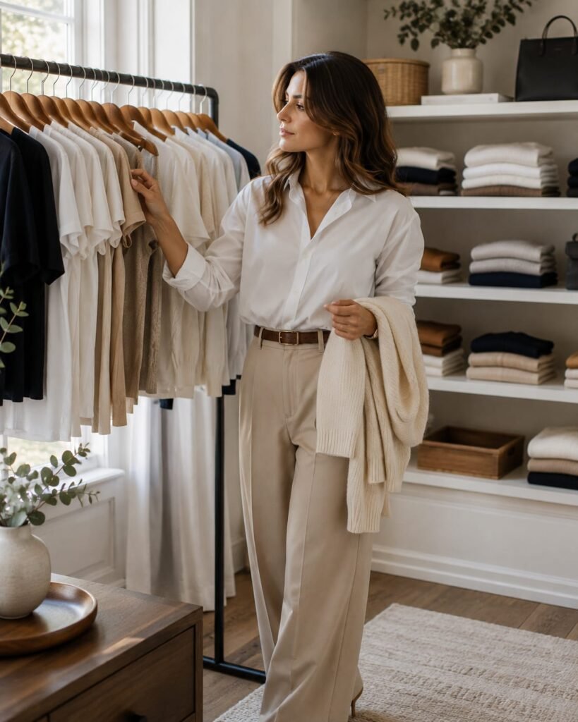 Woman wearing a white button-down and cream sweater in a capsule wardrobe dressing room.