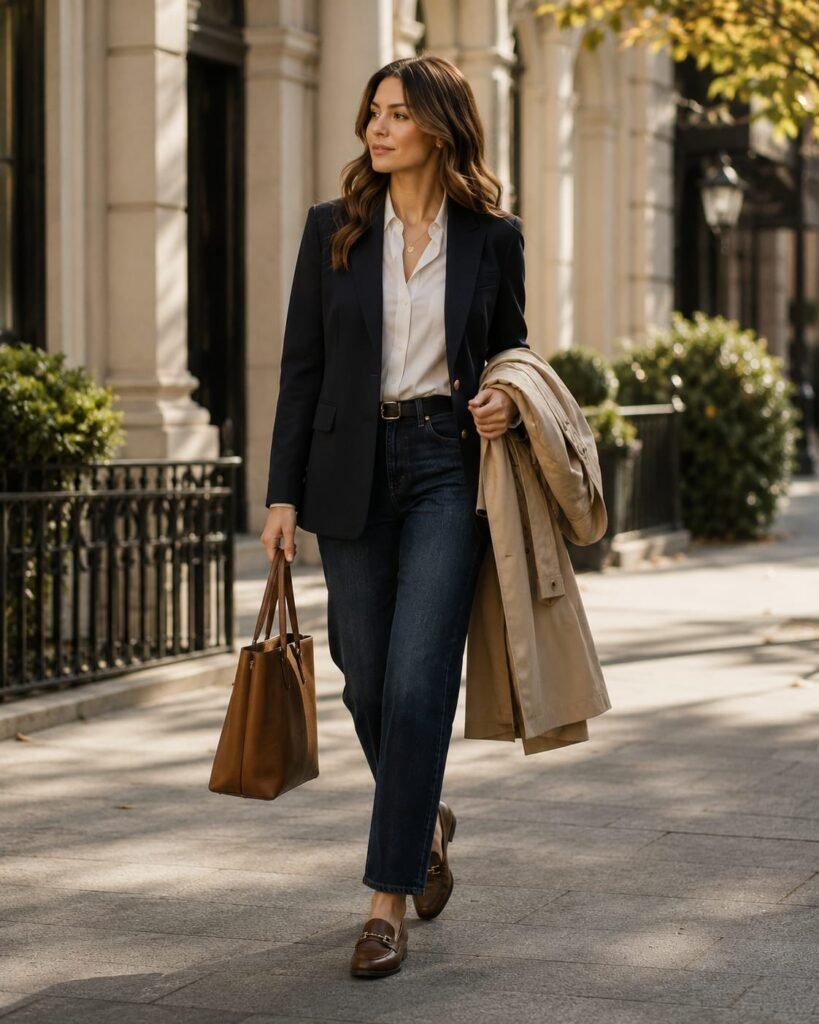 Woman wearing a navy blazer, dark jeans, and loafers with a beige trench coat.