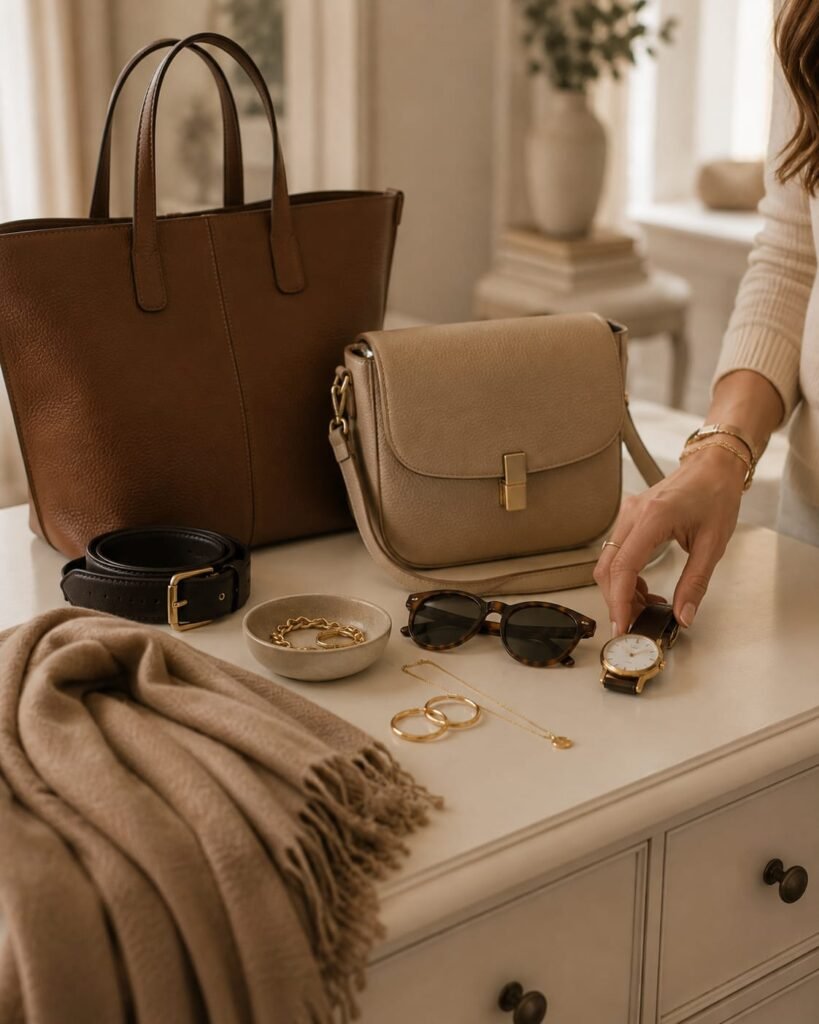 Capsule wardrobe accessories with a tote, crossbody bag, belt, scarf, watch, jewelry, and sunglasses.