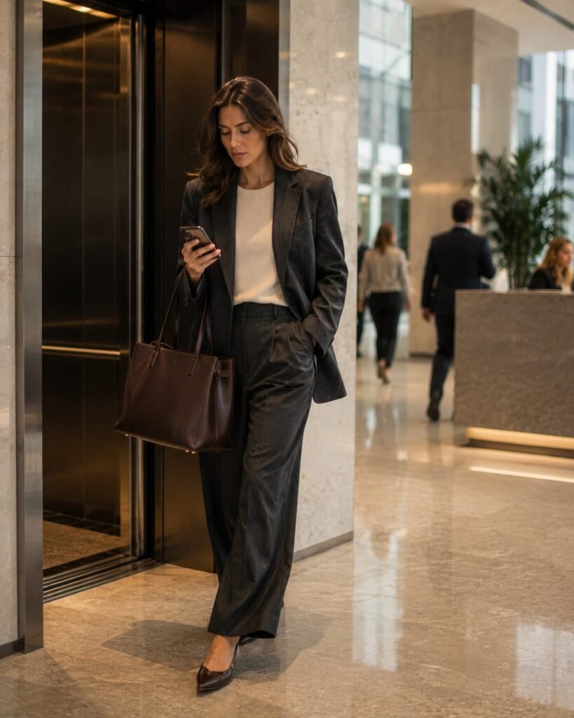 Woman carrying a structured espresso-brown leather work tote in a modern office lobby
