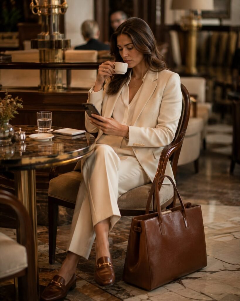 Woman carrying a polished leather work tote at an elegant hotel café