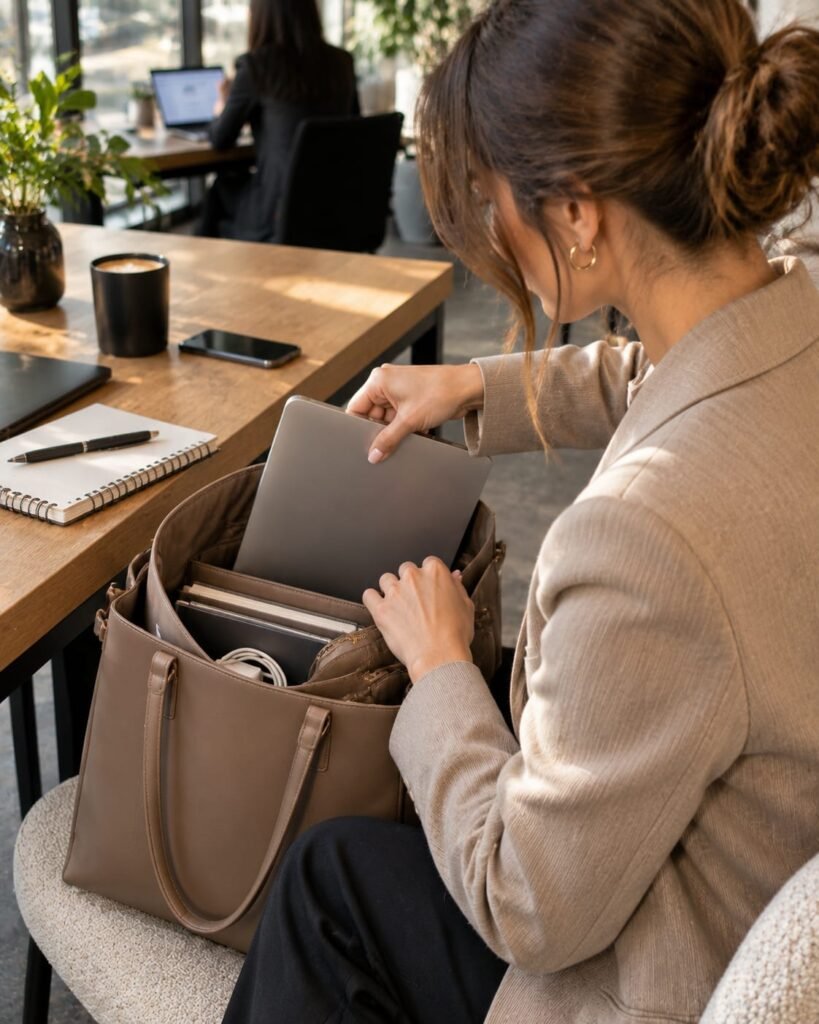 Woman placing a laptop into a padded compartment of a taupe work tote