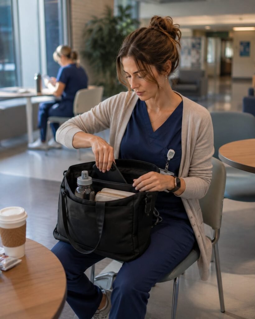 Healthcare professional organizing a durable work bag after a long shift