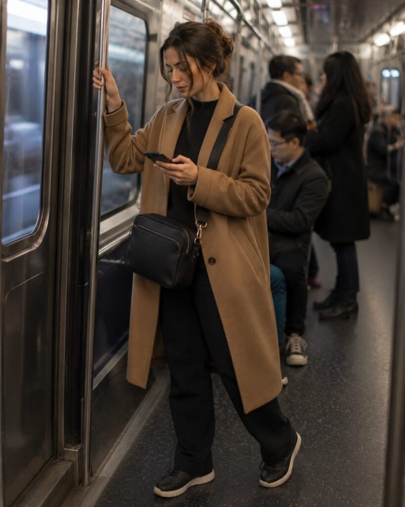 Woman wearing a black crossbody work bag on a commuter train