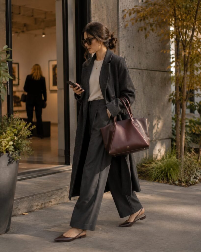 Stylish woman carrying a burgundy leather work bag outside a downtown gallery