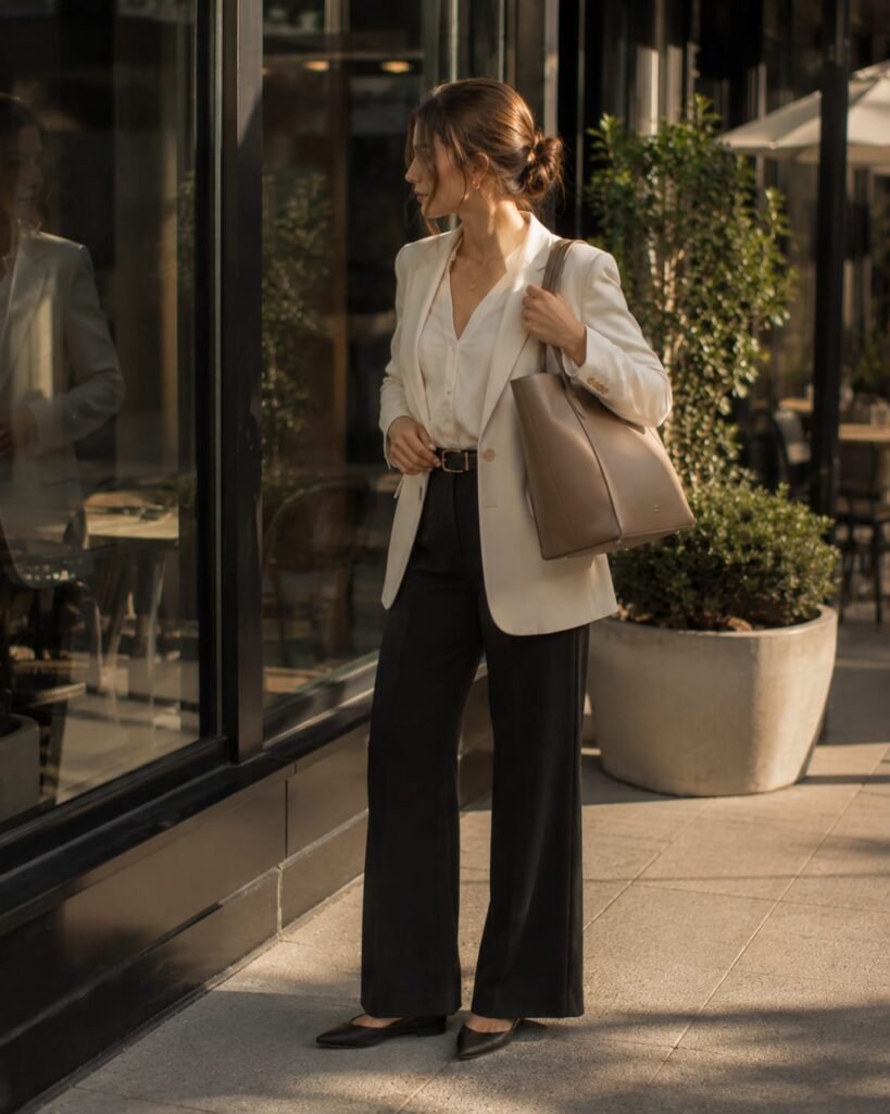 Woman styling a taupe work tote with a polished business casual outfit