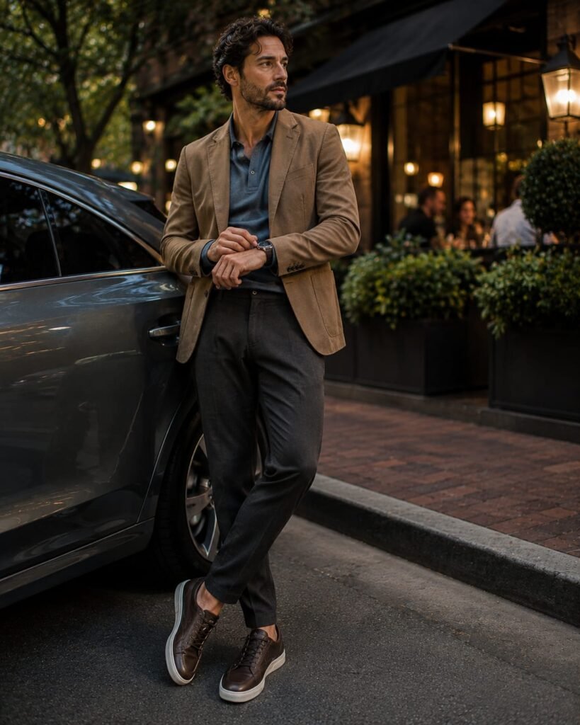 Casual shoes for men with brown leather sneakers and charcoal trousers