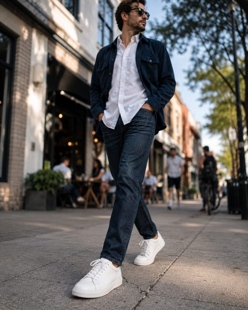 Casual shoes for men with white leather sneakers and straight-leg jeans
