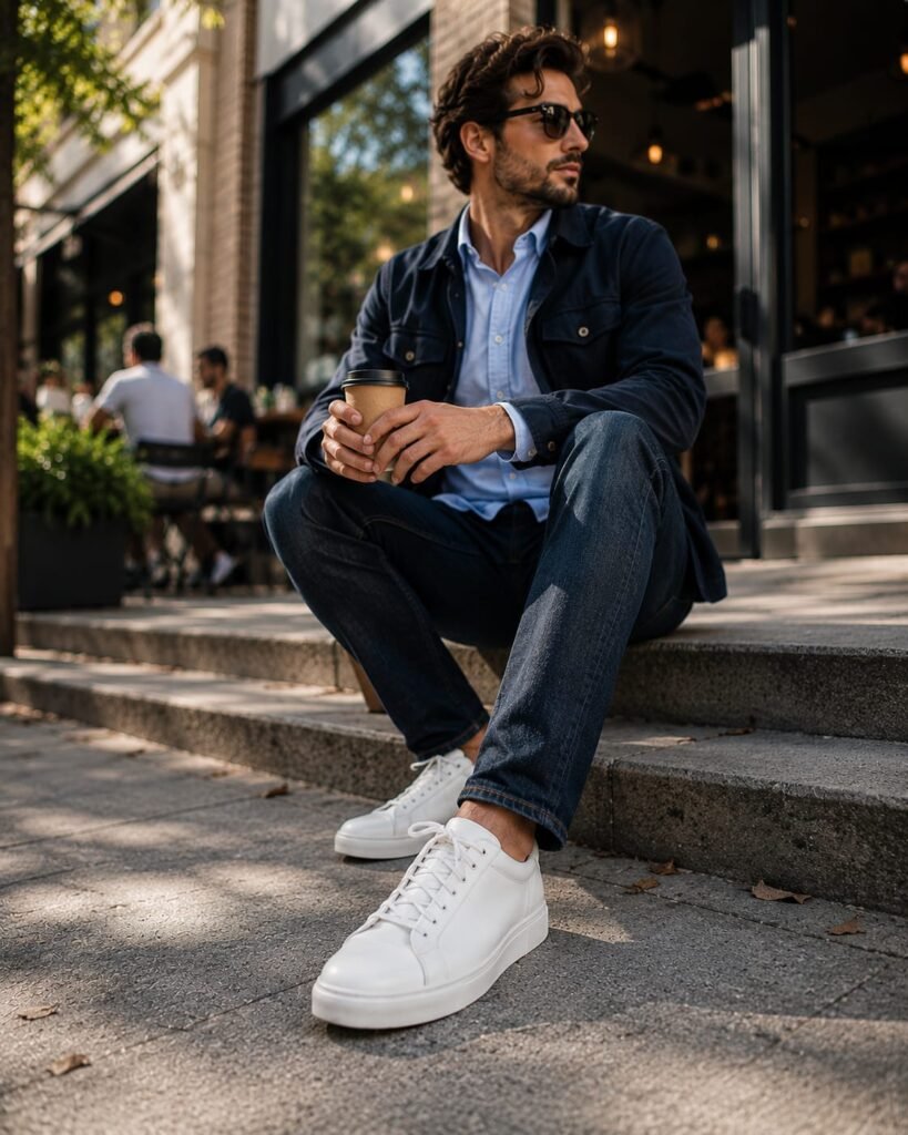 Casual shoes for men with white leather sneakers and dark jeans at a cafe