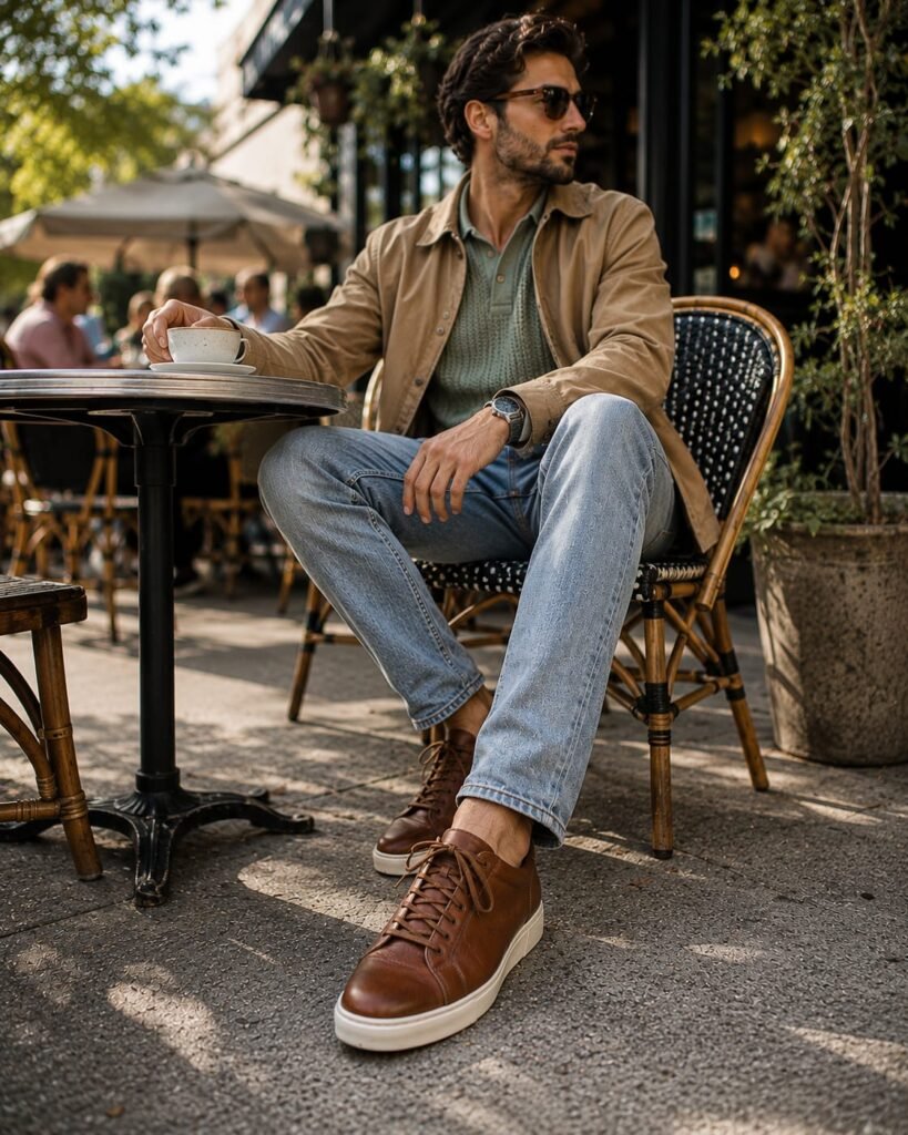 Casual shoes for men with brown leather sneakers and light-wash jeans