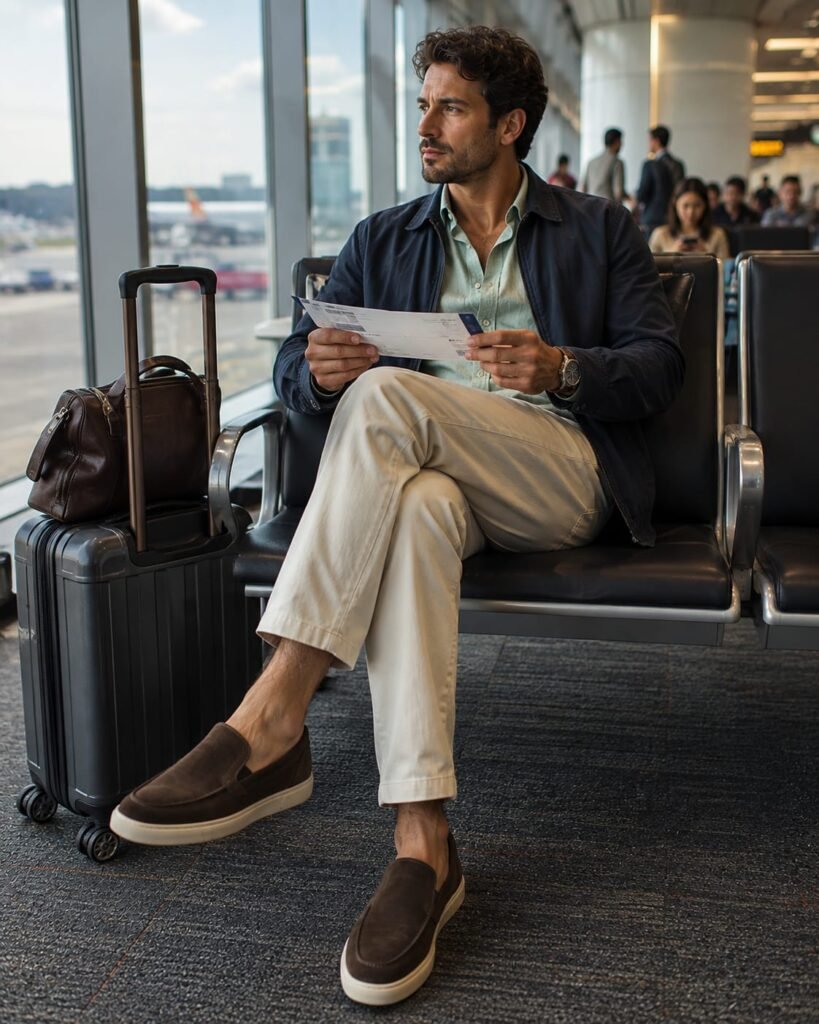 Casual shoes for men with brown suede slip-on shoes at an airport