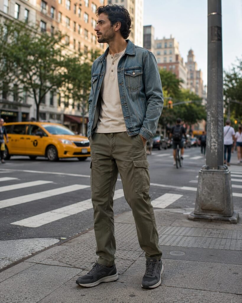 Casual walking shoes for men with charcoal sneakers and olive trousers