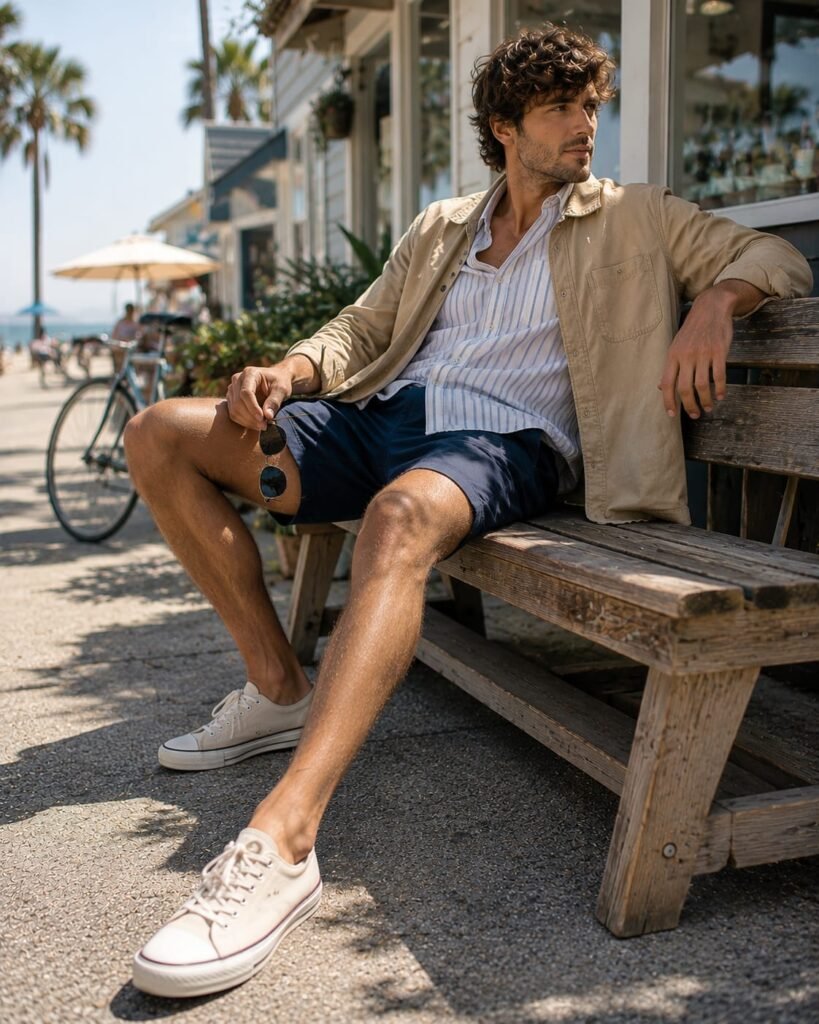 Canvas casual shoes for men with off-white sneakers and navy shorts