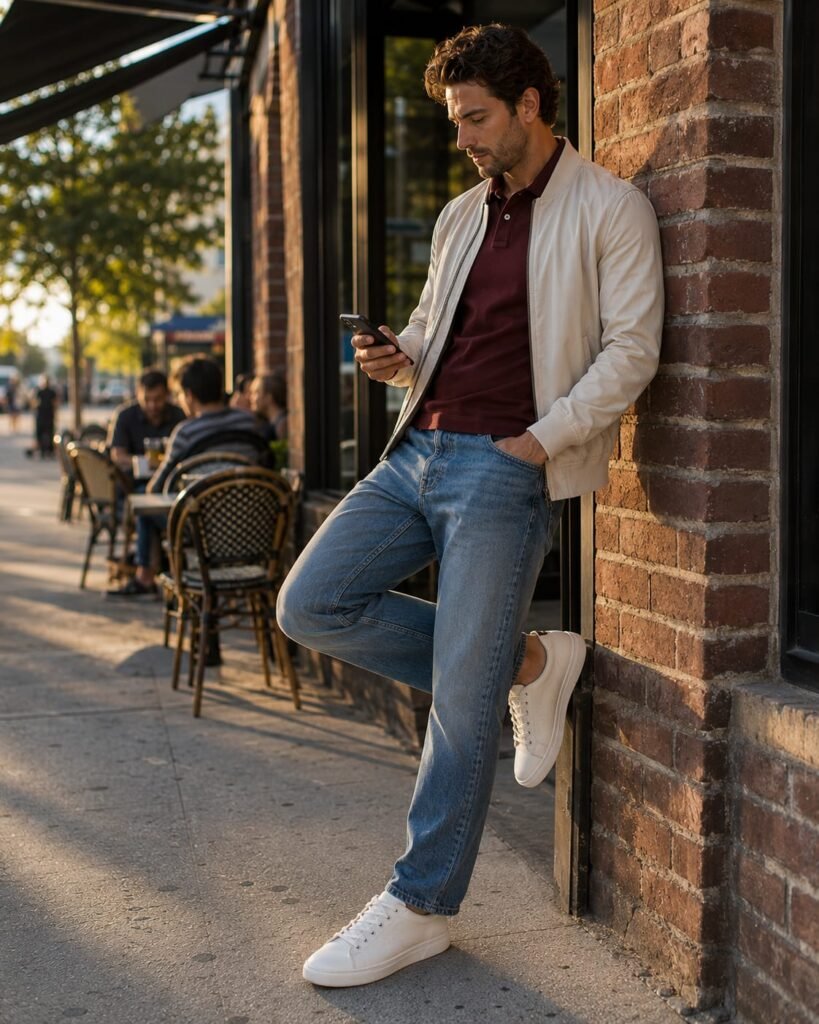 How to style casual shoes for men with white leather sneakers and jeans