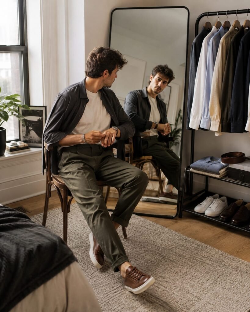 Men smart casual dress code with a young man styling an ivory T-shirt, olive trousers, and overshirt
