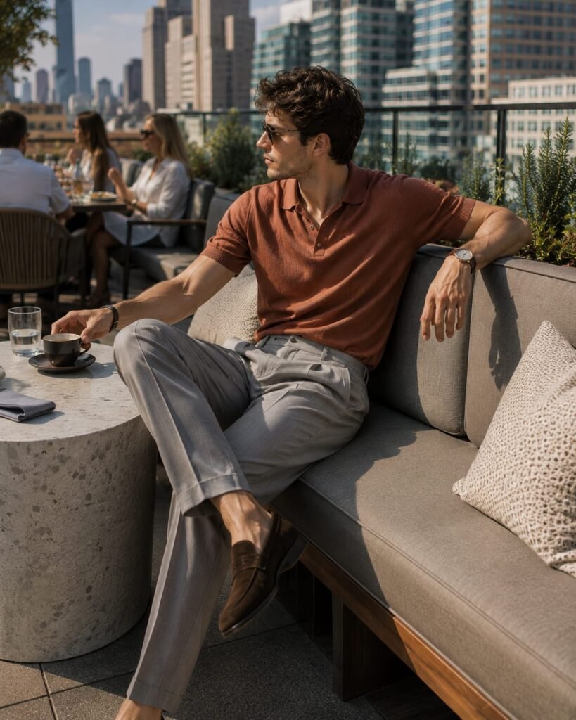 Smart casual outfits for men with a young man wearing a knit polo, pleated trousers, and suede loafers