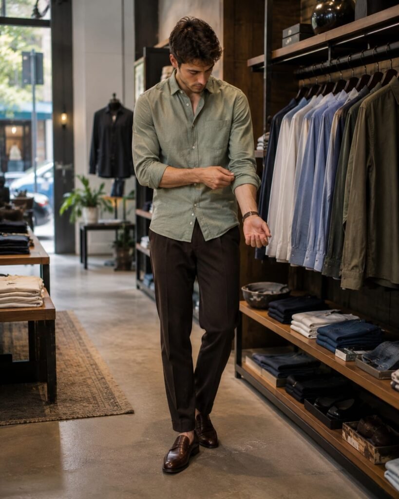 Smart casual shirts for men featuring a young man wearing a sage green Oxford shirt with tailored trousers and loafers