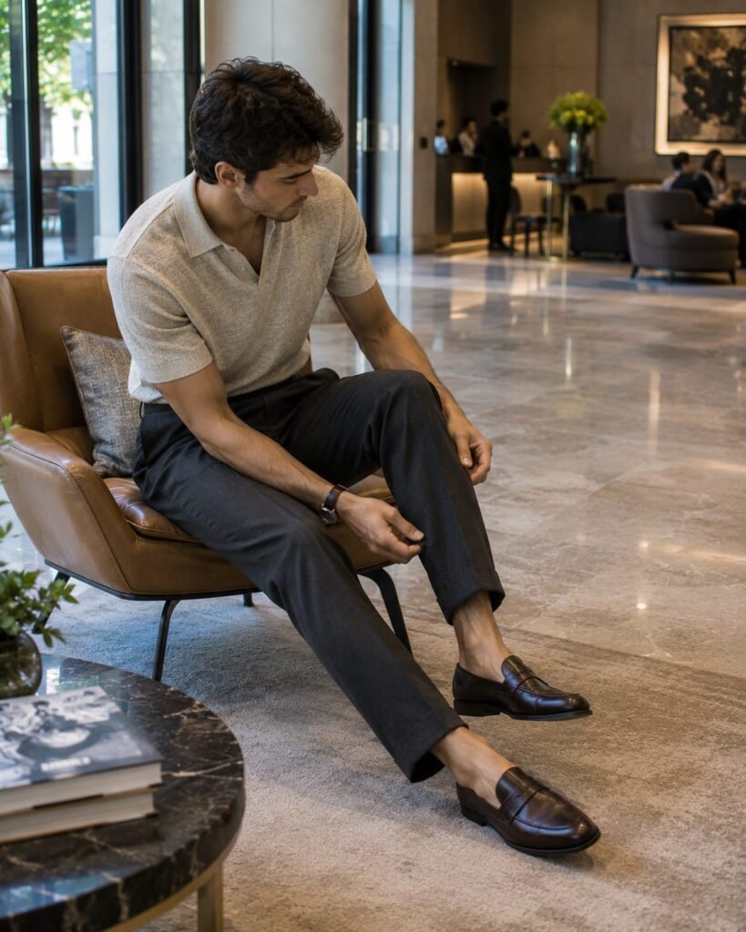 Smart casual pants for men featuring a young man wearing charcoal pleated trousers with a knit shirt and loafers