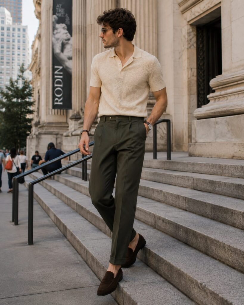 Smart casual shoes for men with brown suede loafers and relaxed olive trousers