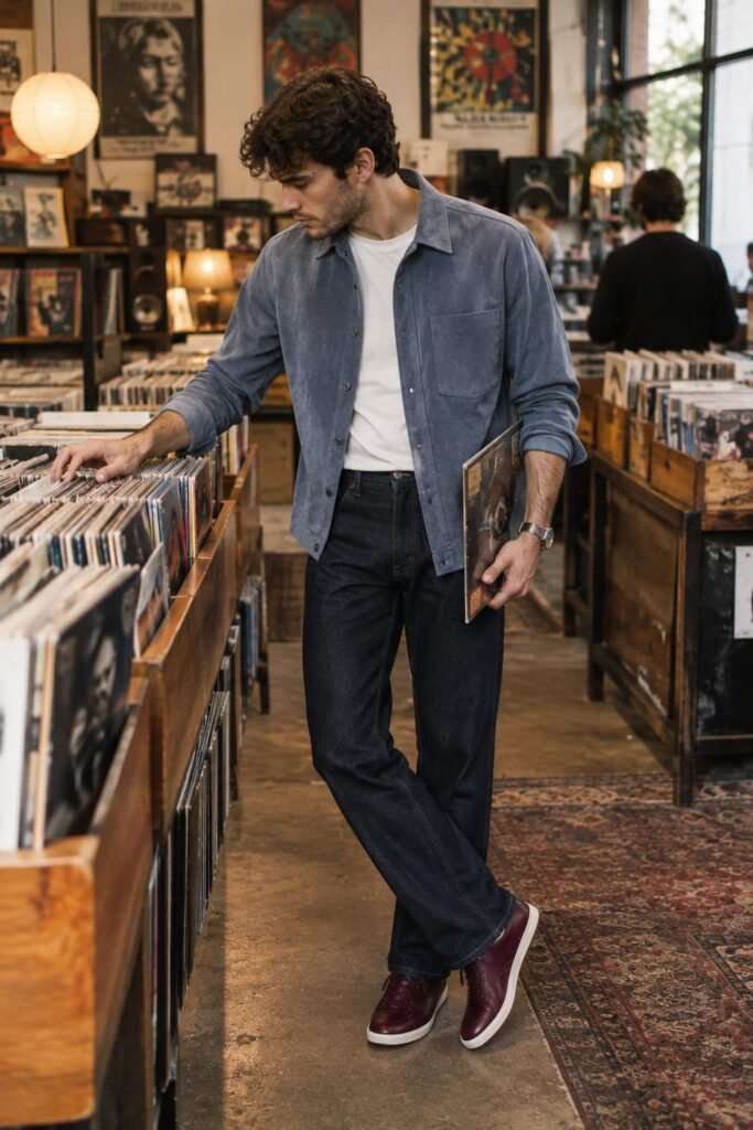 Smart casual outfits with jeans featuring a young man wearing dark straight-leg jeans and a suede overshirt