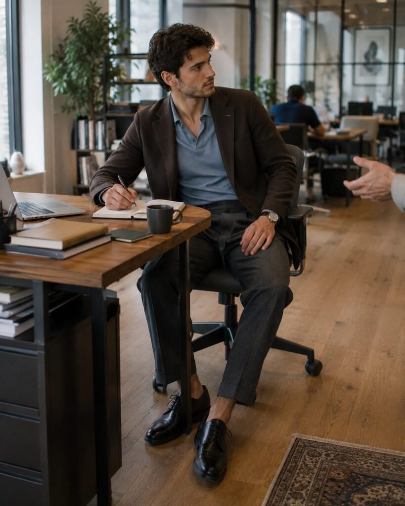 Smart casual office outfits for men with a young man wearing a relaxed blazer, knit polo, tailored trousers, and derby shoes