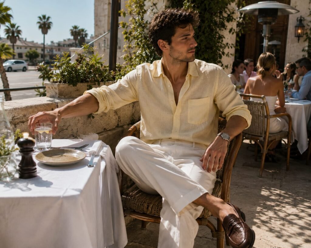 Summer smart casual outfits for men featuring a young man in a linen shirt, tailored trousers, and loafers