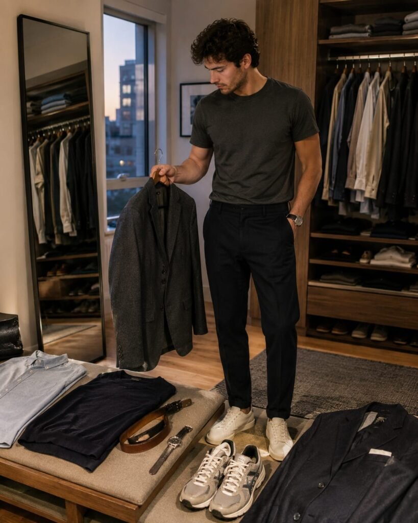 Common smart casual mistakes men make while choosing a balanced outfit with a blazer and sneakers