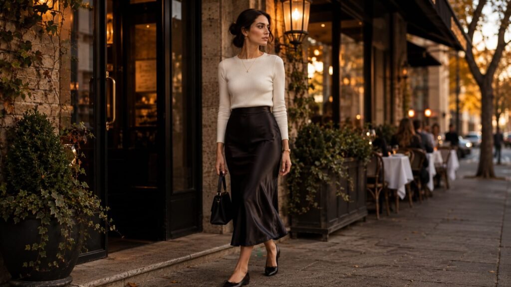 Early fall transition outfits with black satin midi skirt and cream knit top