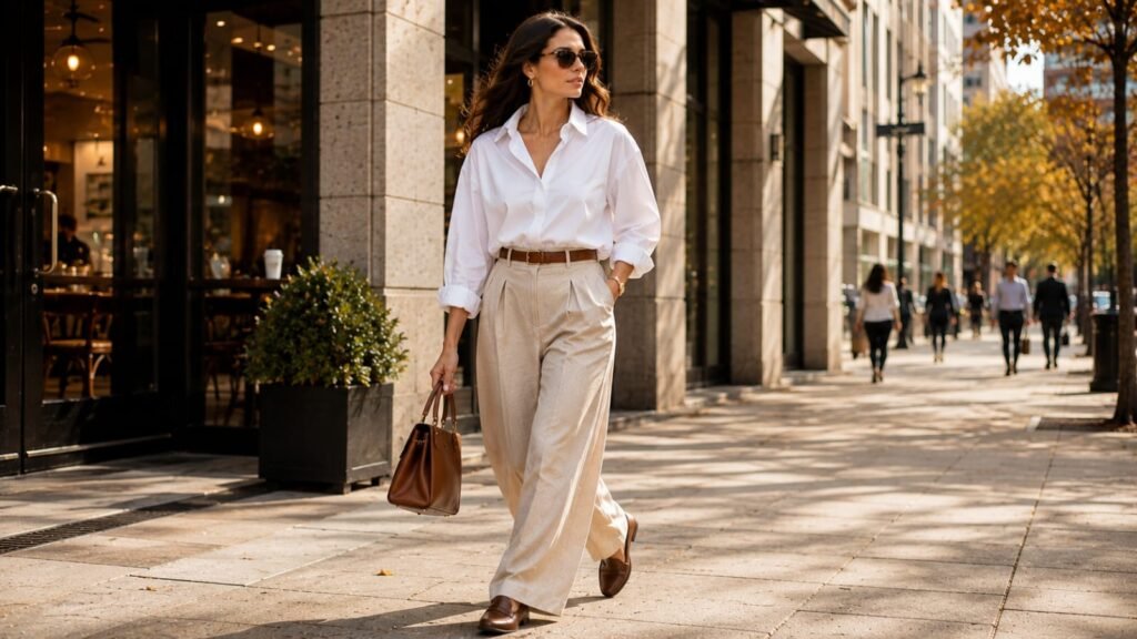 Early fall transition outfits with an oversized white button-down and oatmeal wide-leg trousers