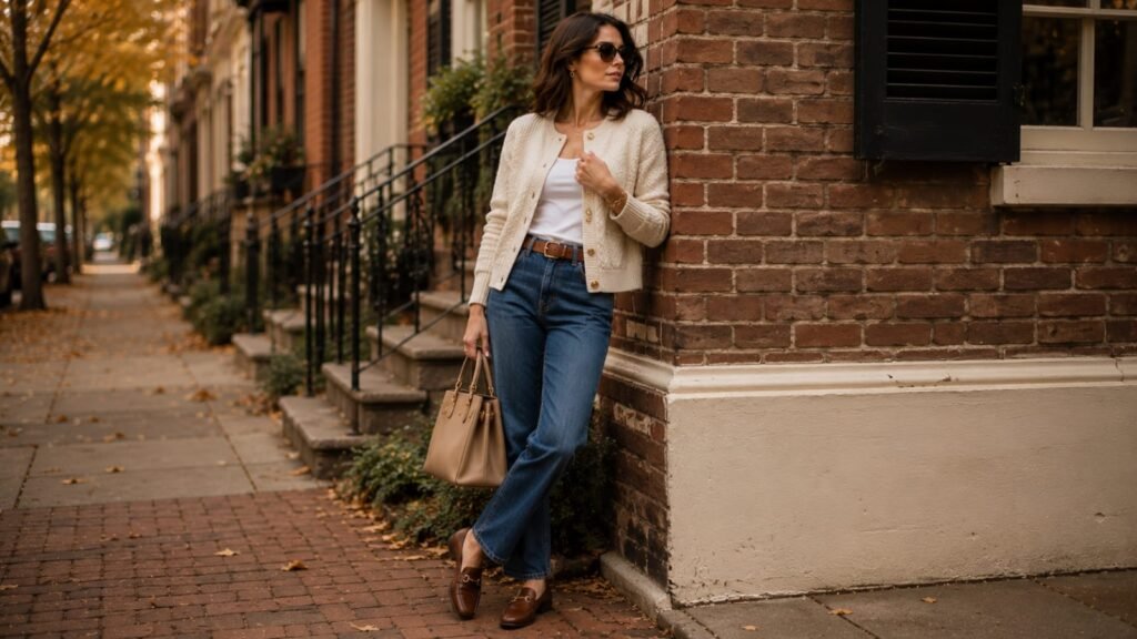 Early fall transition outfits with cream cardigan, white tank, and straight-leg jeans