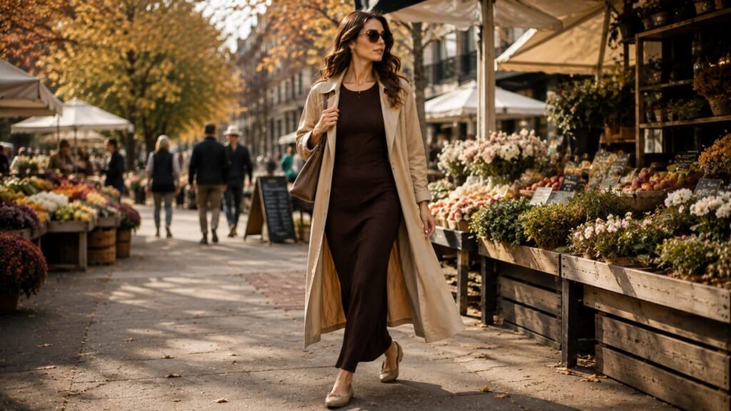 Early fall transition outfits with chocolate brown ribbed maxi dress and beige trench coat